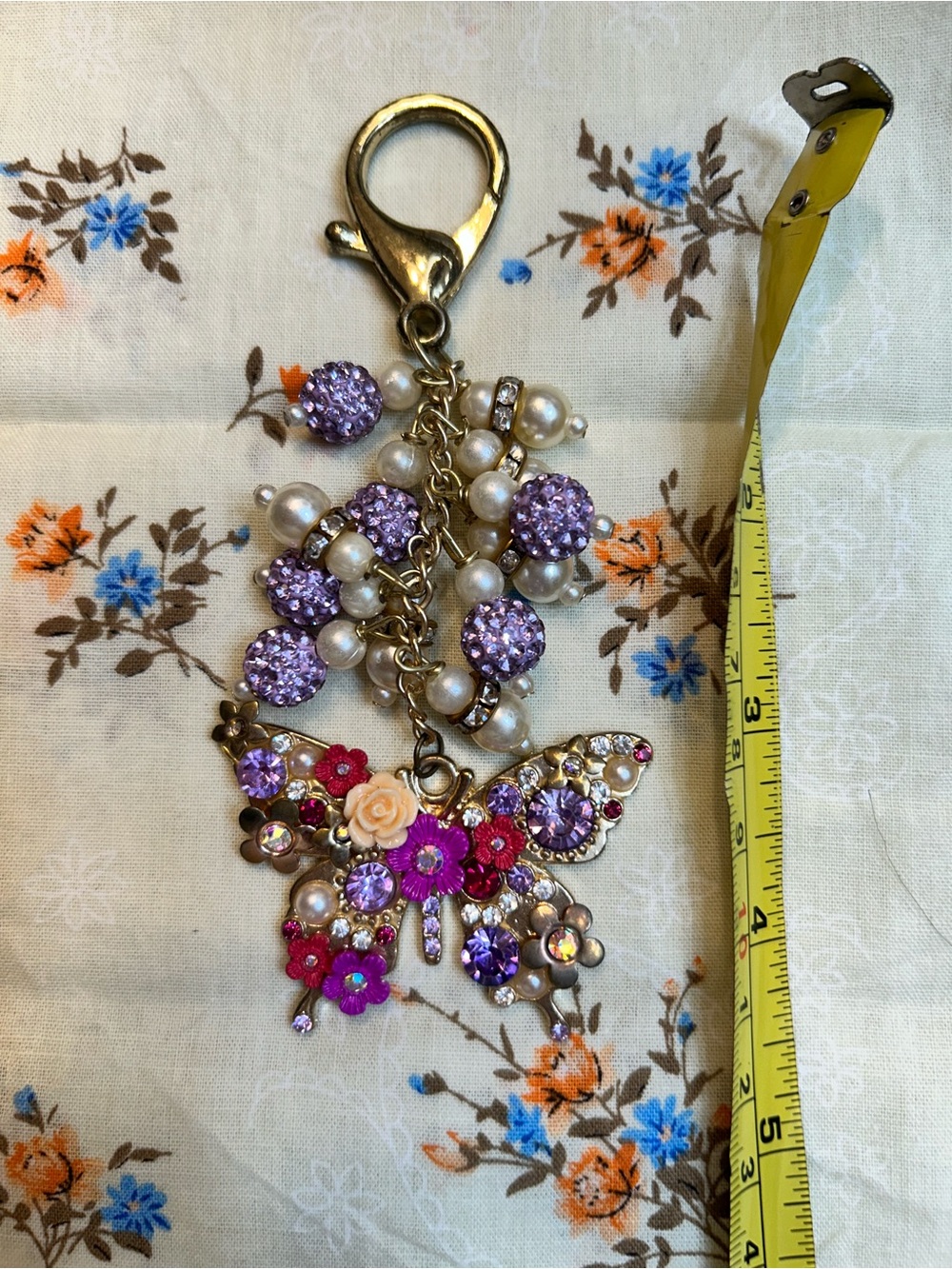 Floral Butterfly Charm Keychain, purse charm - Purple & Pink